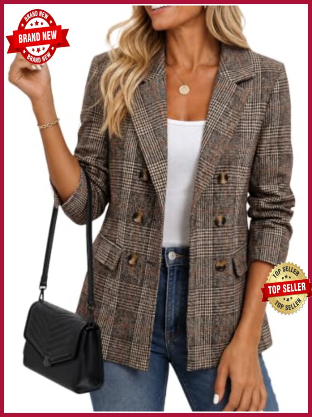 Wool Blend Tweed Plaid Double Breasted Blazer Tailored Work Jacket